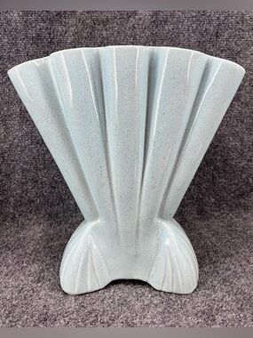 Vintage MCM Brush McCoy Large Gladiola Sea Foam  Blue Speckled Fan Art Deco Vase